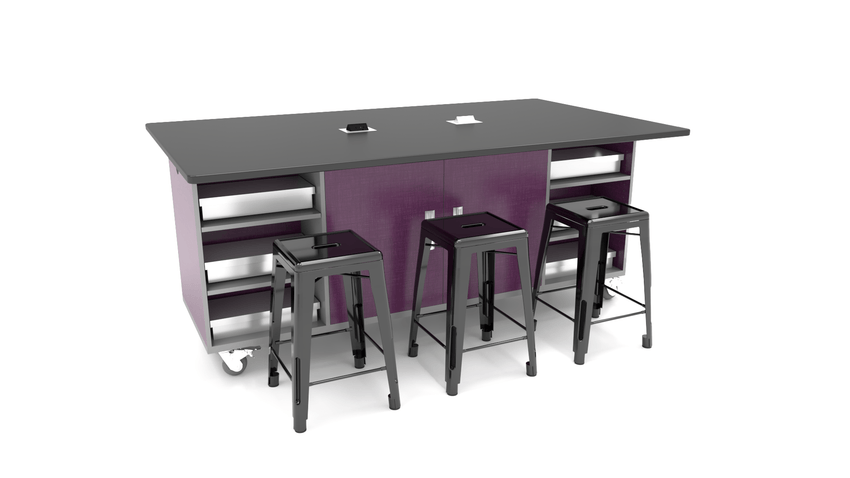 CEF ED Double Table 42"H Tough Top, Laminate Base with 6 Stools, Storage bins, and Electrical Outlets Included. - SchoolOutlet