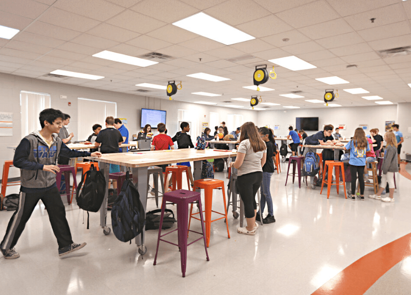 CEF IDEA Island Table 30" Height w/ 6-Seat - Butcher Block Top 84"W x 48"D with Steel Frame, 6 Stools and a Pop-up Dual Dock Electrical Station - SchoolOutlet