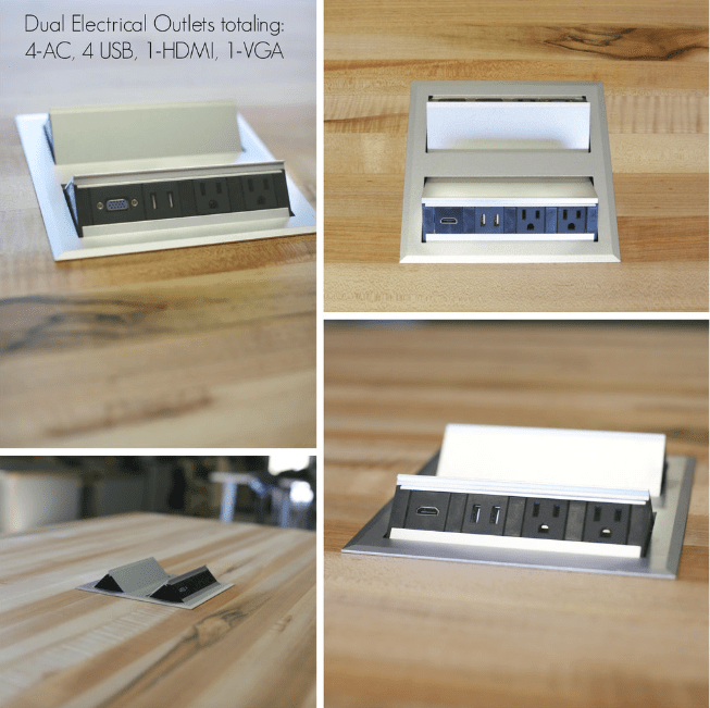 CEF IDEA Island Table 30" Height w/ 6-Seat - Butcher Block Top 84"W x 48"D with Steel Frame, 6 Stools and a Pop-up Dual Dock Electrical Station - SchoolOutlet