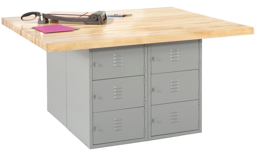 Diversified Woodcrafts 4-Station Workbench with 12 Steel Horizontal Lockers - 64" W x 54" D - SchoolOutlet