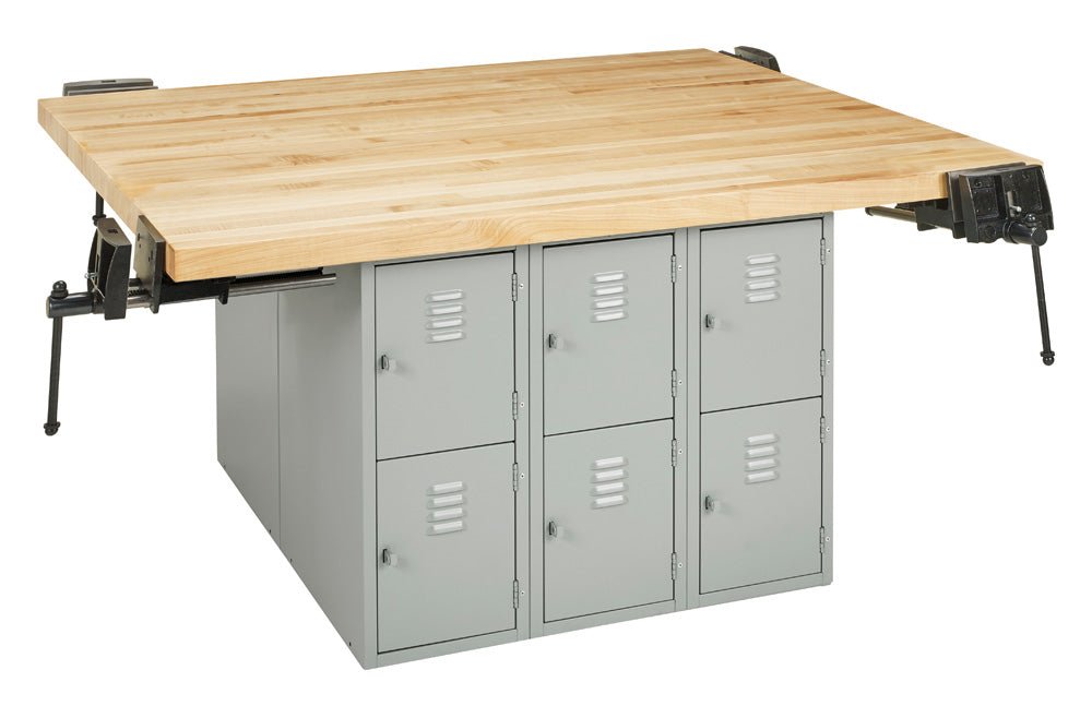 Diversified Woodcrafts 4-Station Workbench with 12 Steel Vertical Lockers - 64" W X 54" D - SchoolOutlet