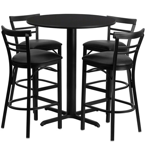 Flash Furniture 24'' Round Laminate Table Set with 4 Ladder Back Metal Bar Stools - Black Vinyl Seat(FLA-HDBF-I-GG) - SchoolOutlet