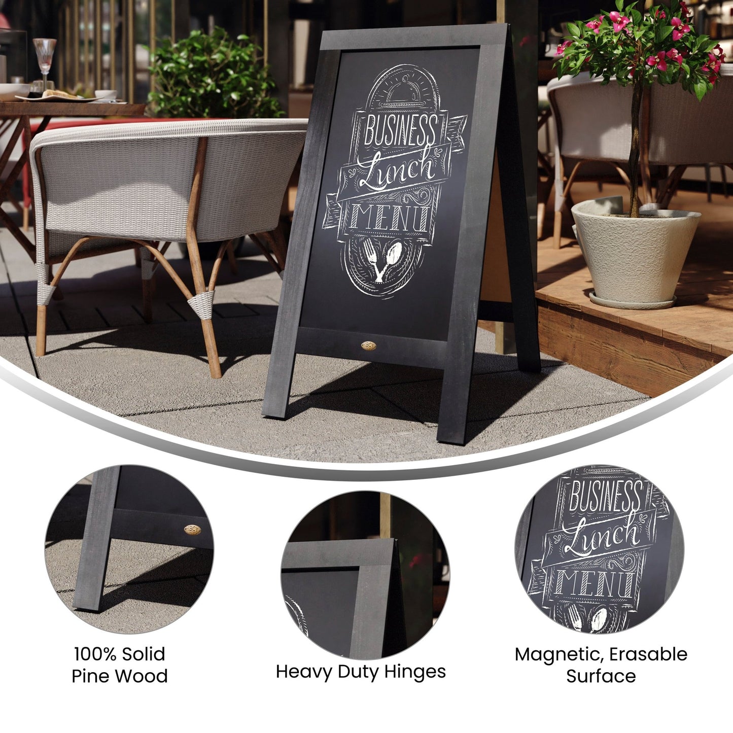 Canterbury 40" x 20" Vintage Wooden A-Frame Magnetic Indoor/Outdoor Chalkboard Sign, Freestanding Double Sided Extra Large Message Board, Black - SchoolOutlet