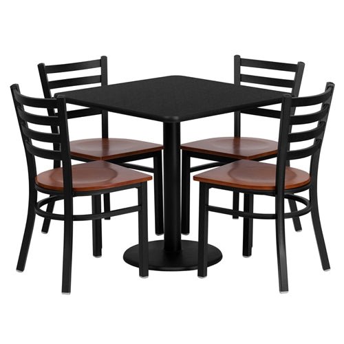 Flash Furniture 30'' Square Black Laminate Table Set with 4 Ladder Back Metal Chairs - Cherry Wood Seat (FLA-MD-0003-GG) - SchoolOutlet
