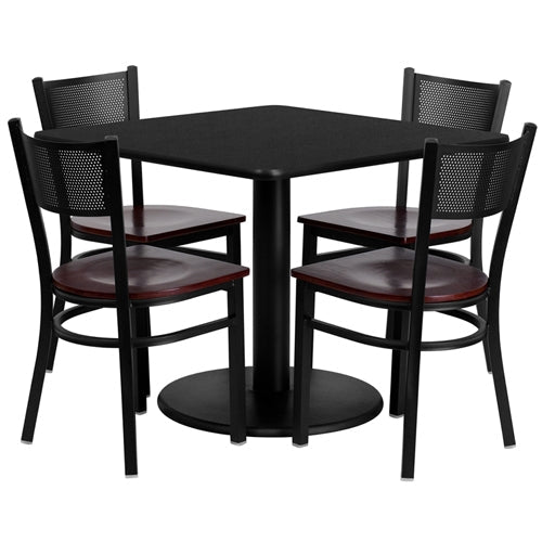 Flash Furniture 36'' Square Black Laminate Table Set with 4 Grid Back Metal Chairs - Mahogany Wood Seat (FLA-MD-0008-GG) - SchoolOutlet