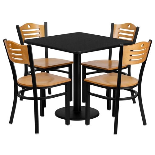 Flash Furniture 30'' Square Black Laminate Table Set with 4 Wood Slat Back Metal Chairs - Natural Wood Seat(FLA-MD-0010-GG) - SchoolOutlet