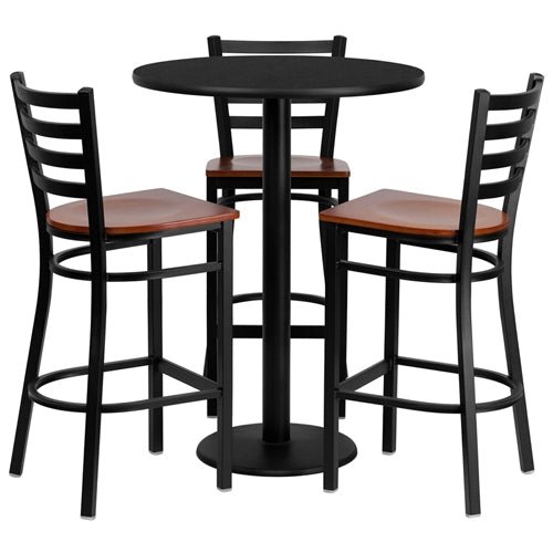 Flash Furniture 30'' Round Black Laminate Table Set with 3 Ladder Back Metal Bar Stools - Cherry Wood Seat(FLA-MD-0013-GG) - SchoolOutlet
