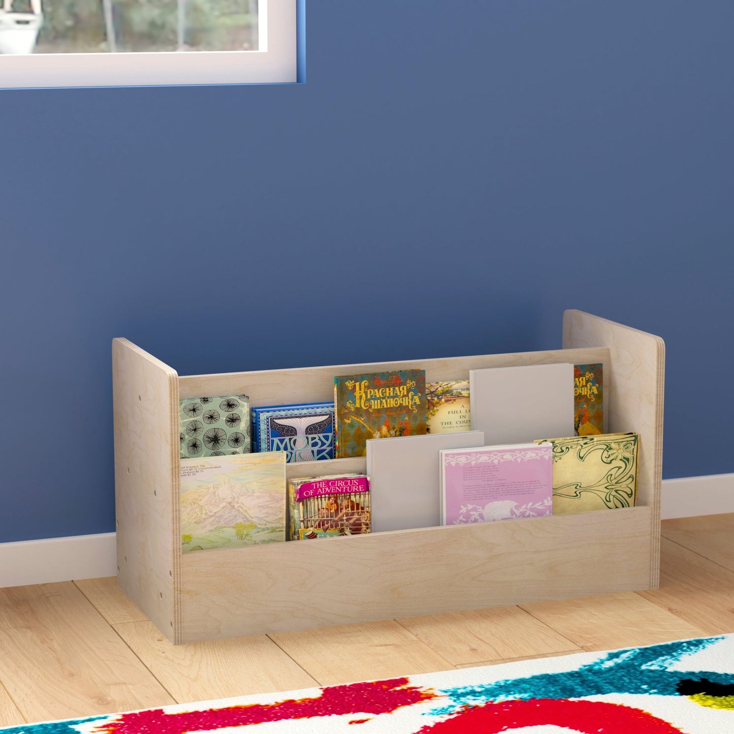 Bright Beginnings Commercial Grade Modular Double Sided 2 Tier Wooden Classroom Book Display Shelf, Natural - SchoolOutlet