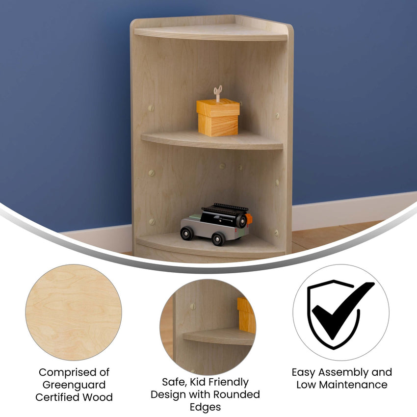 Bright Beginnings Commercial Grade 2 Tier Wooden Classroom Corner Storage Unit with Rounded Front Edges, Safe, Kid Friendly Design, Natural - SchoolOutlet