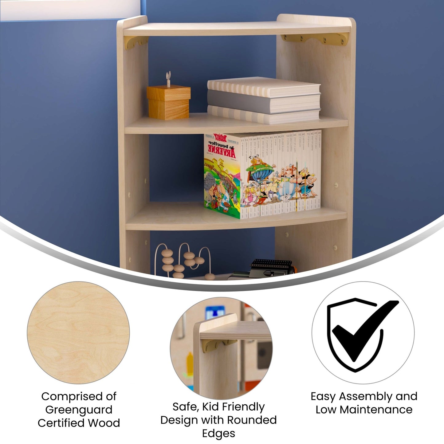 Bright Beginnings Commercial Grade Bow Front 3 Tier Wooden Classroom Open Corner Storage Unit, Safe, Kid Friendly Design, Natural - SchoolOutlet