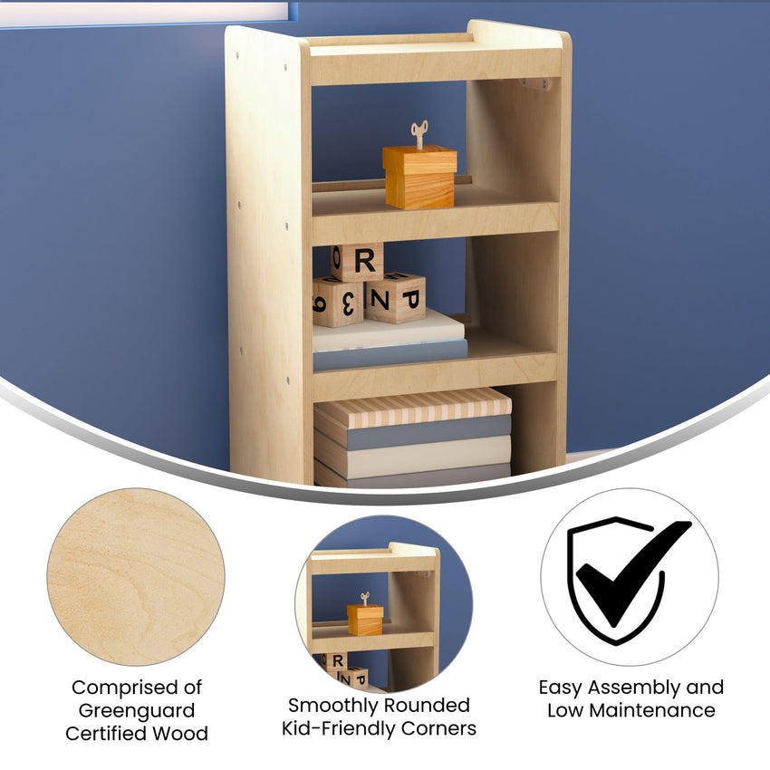 Bright Beginnings Commercial Wooden Mobile Storage Cart with 4 Storage Tiers and Locking Caster Wheels, Natural - SchoolOutlet
