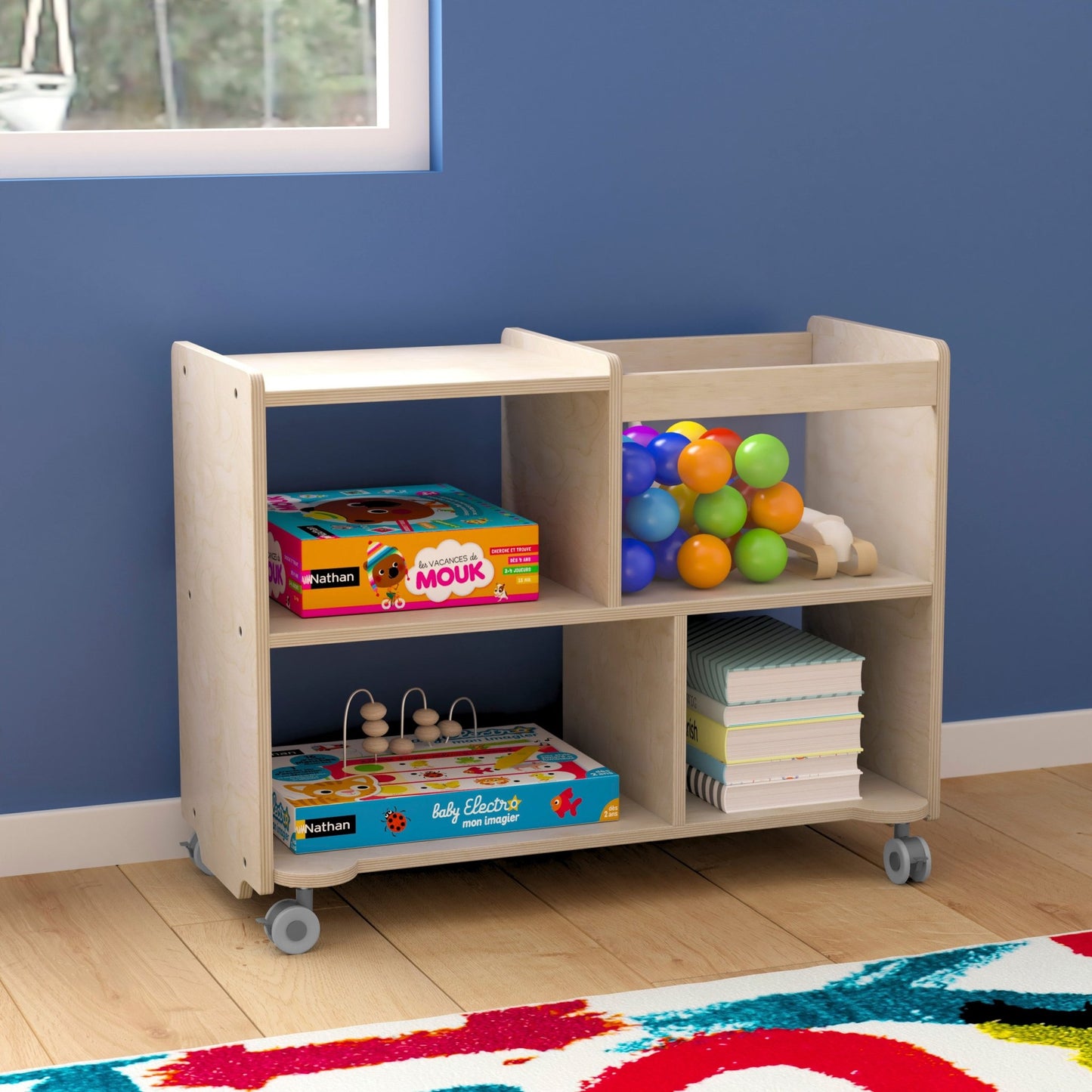 Bright Beginnings Commercial Double Sided Space Saving Wooden Mobile Storage Cart - Locking Casters, 4 Compartments, 1 Clear Bin, Lower Shelf, Natural - SchoolOutlet