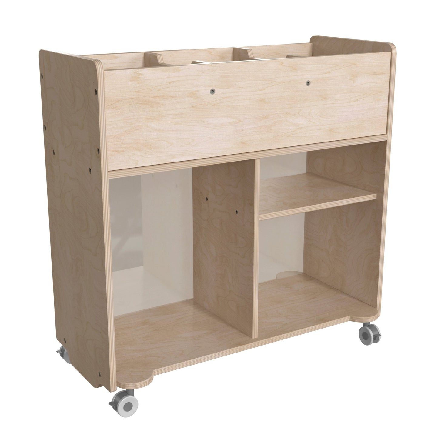 Bright Beginnings Commercial Double Sided Space Saving Wooden Mobile Storage Cart with Clear Back, Locking Casters and 6 Storage Compartments, Natural - SchoolOutlet