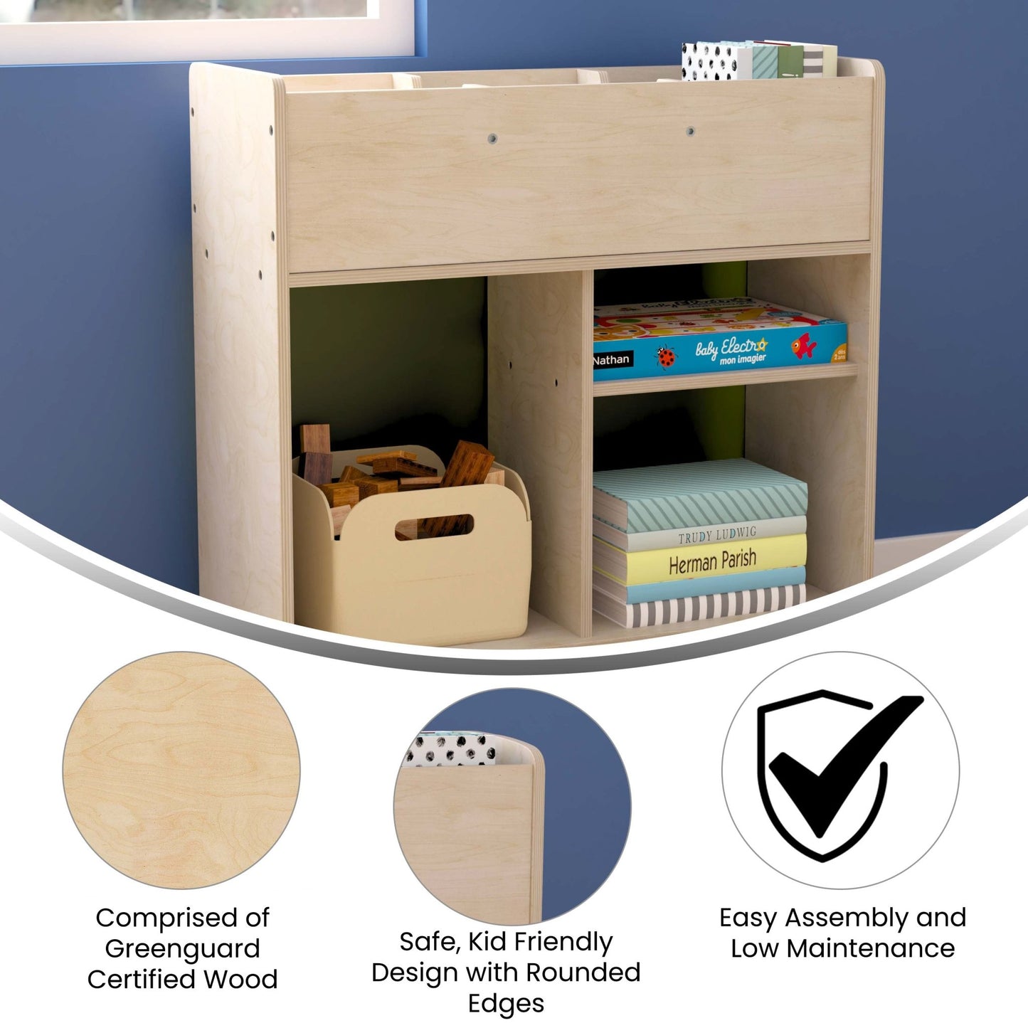 Bright Beginnings Commercial Double Sided Space Saving Wooden Mobile Storage Cart with Clear Back, Locking Casters and 6 Storage Compartments, Natural - SchoolOutlet