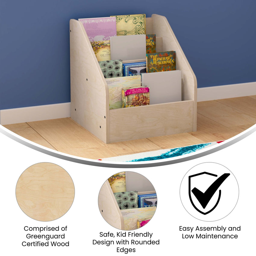 Bright Beginnings Commercial Grade Modular Wooden Classroom 4 Tier Book Display Shelf, Natural - SchoolOutlet