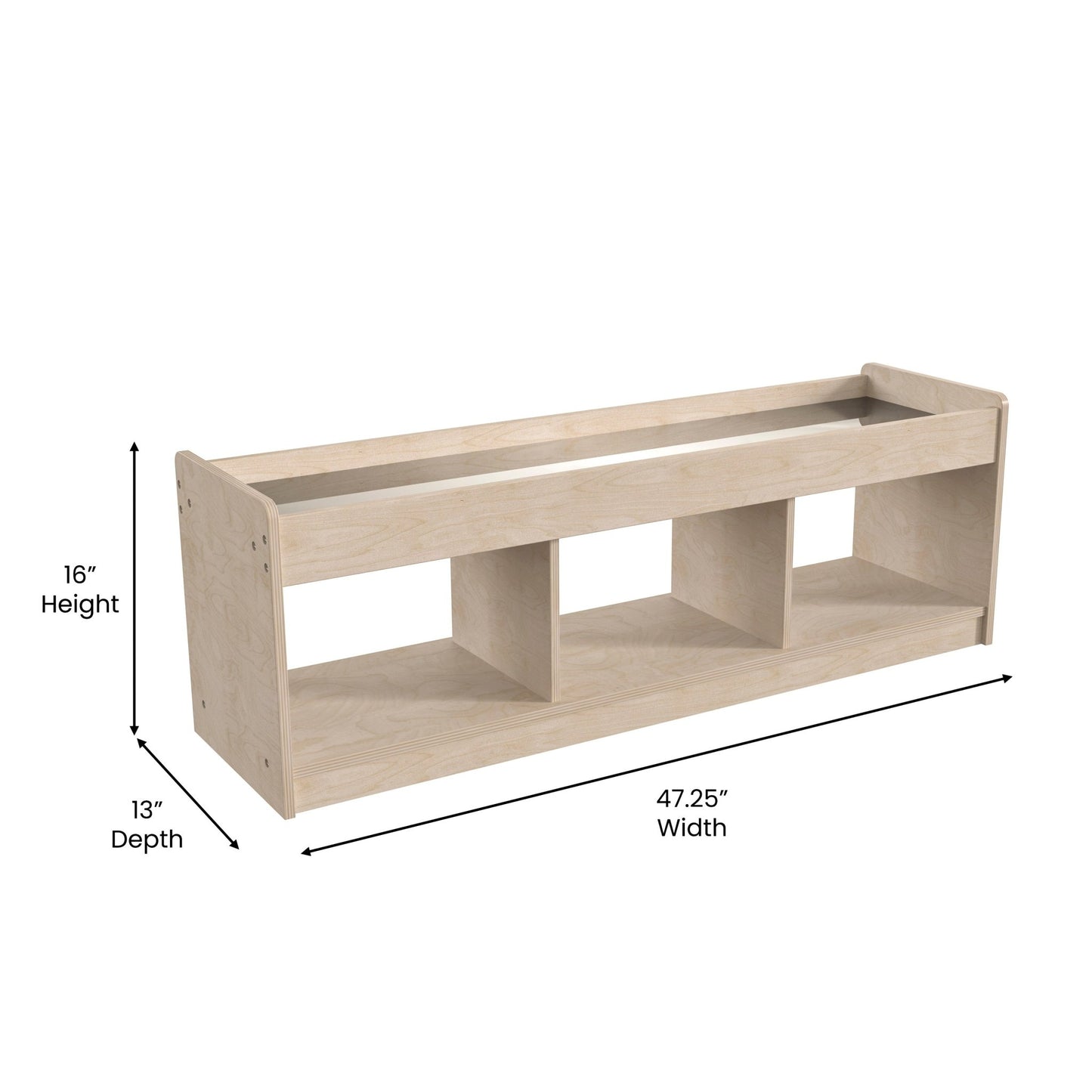 Bright Beginnings Commercial Grade Modular Wooden Classroom 2 Sided, 3 Section, Open Storage Unit with Mirrored Top and Raised Upper Edges, Natural - SchoolOutlet