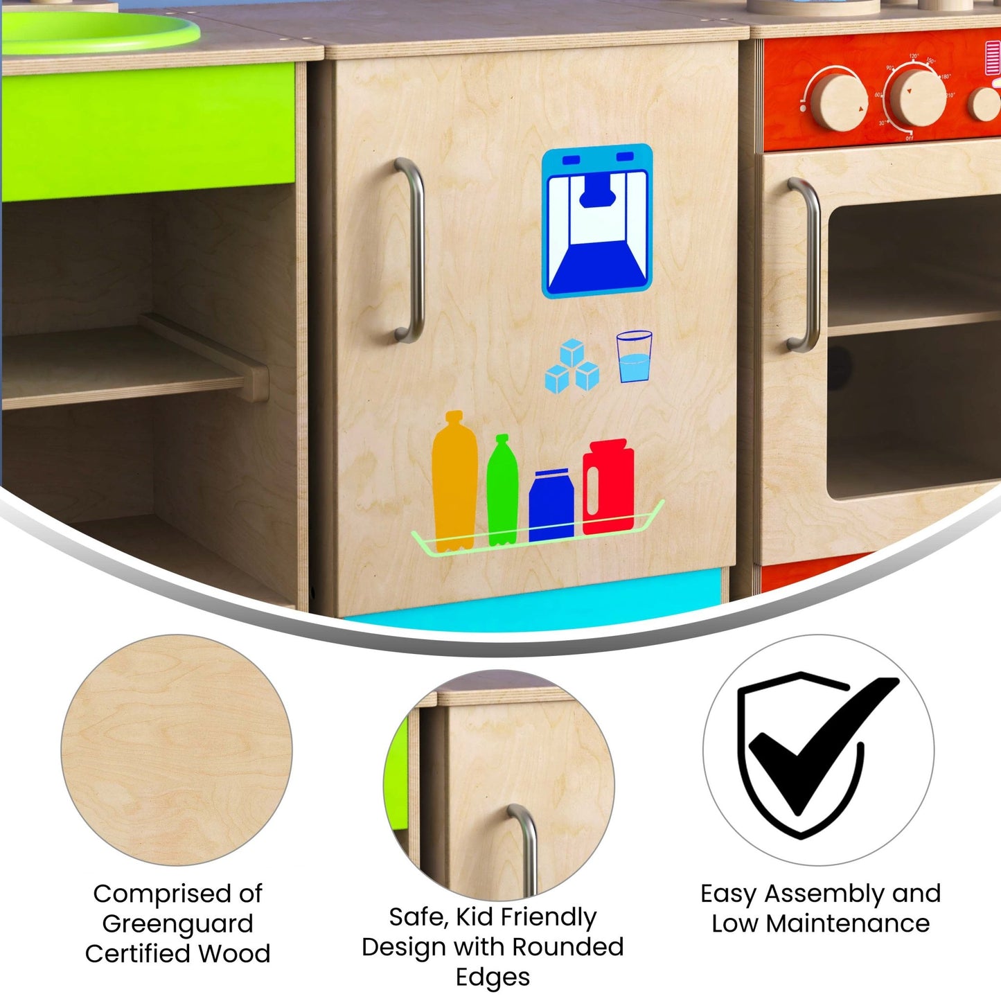 Bright Beginnings Commercial Grade Green Guard Certified Wooden Children's Kitchen Refrigerator with Integrated Storage - SchoolOutlet
