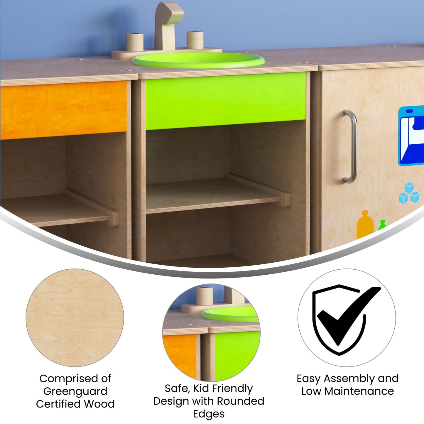 Bright Beginnings Commercial Grade Wooden Children's Kitchen Sink with Integrated Storage - SchoolOutlet