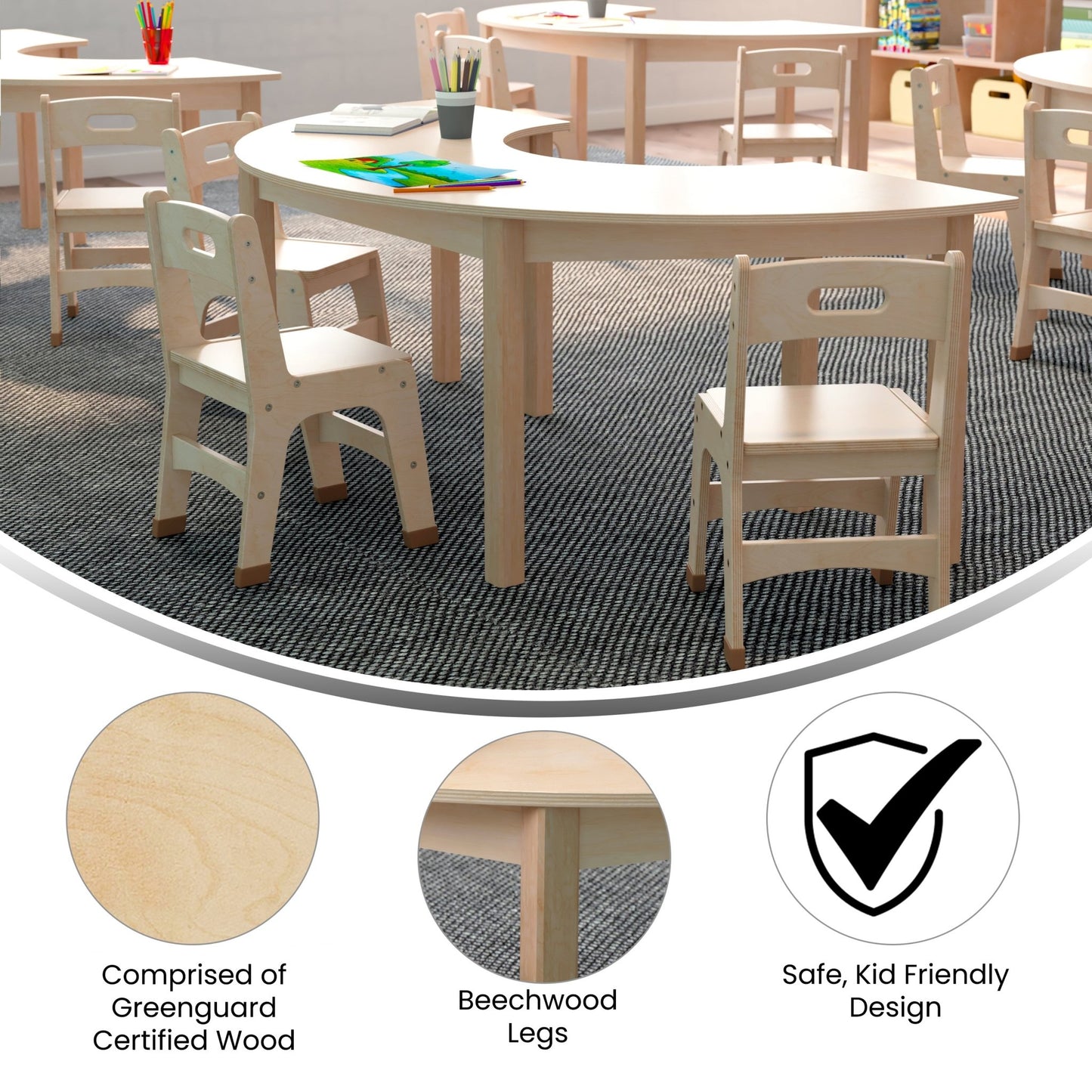 Bright Beginnings Commercial Grade Wooden Half Circle Preschool Classroom Activity Table, (29.5"W x 59"D x 21"H), Beech - SchoolOutlet