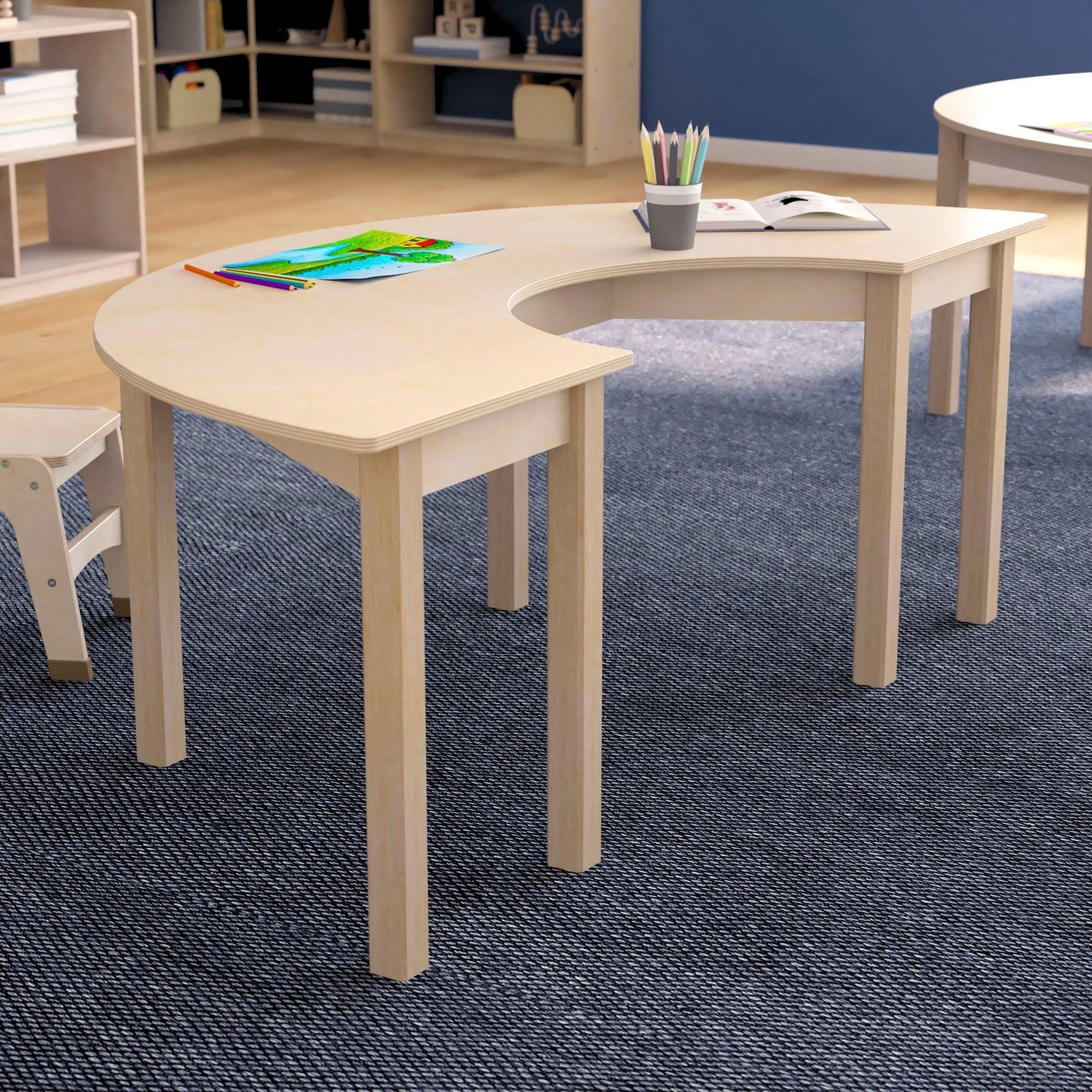 Bright Beginnings Commercial Grade Wooden Half Circle Preschool Classroom Activity Table, (29.5"W x 59"D x 21"H), Beech - SchoolOutlet