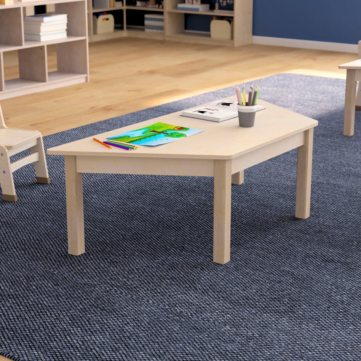 Bright Beginnings Commercial Grade Wooden Trapezoid Preschool Classroom Activity Table, (20.75"W x 47.25"D x 14.5"H), Beech - SchoolOutlet