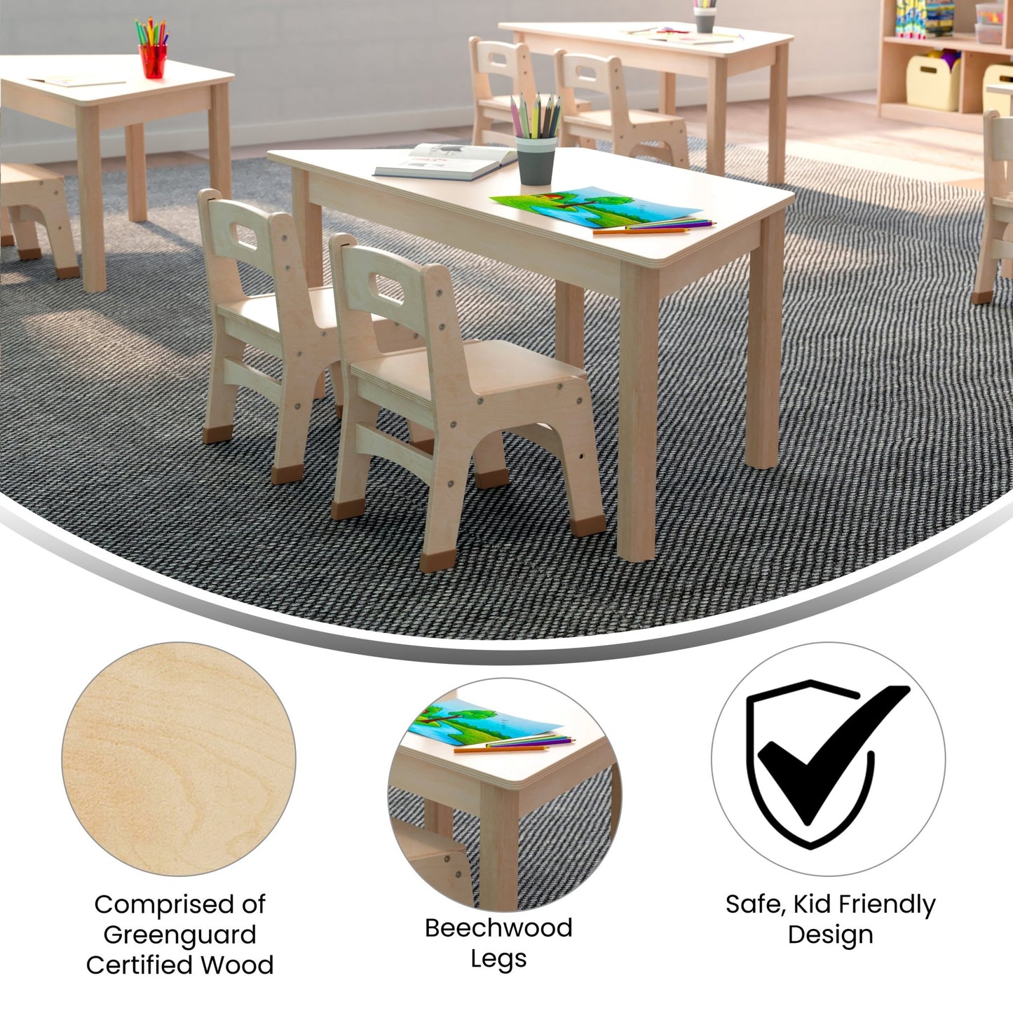 Bright Beginnings Commercial Grade Wooden Trapezoid Preschool Classroom Activity Table, (20.75"W x 47.25"D x 18"H), Beech - SchoolOutlet