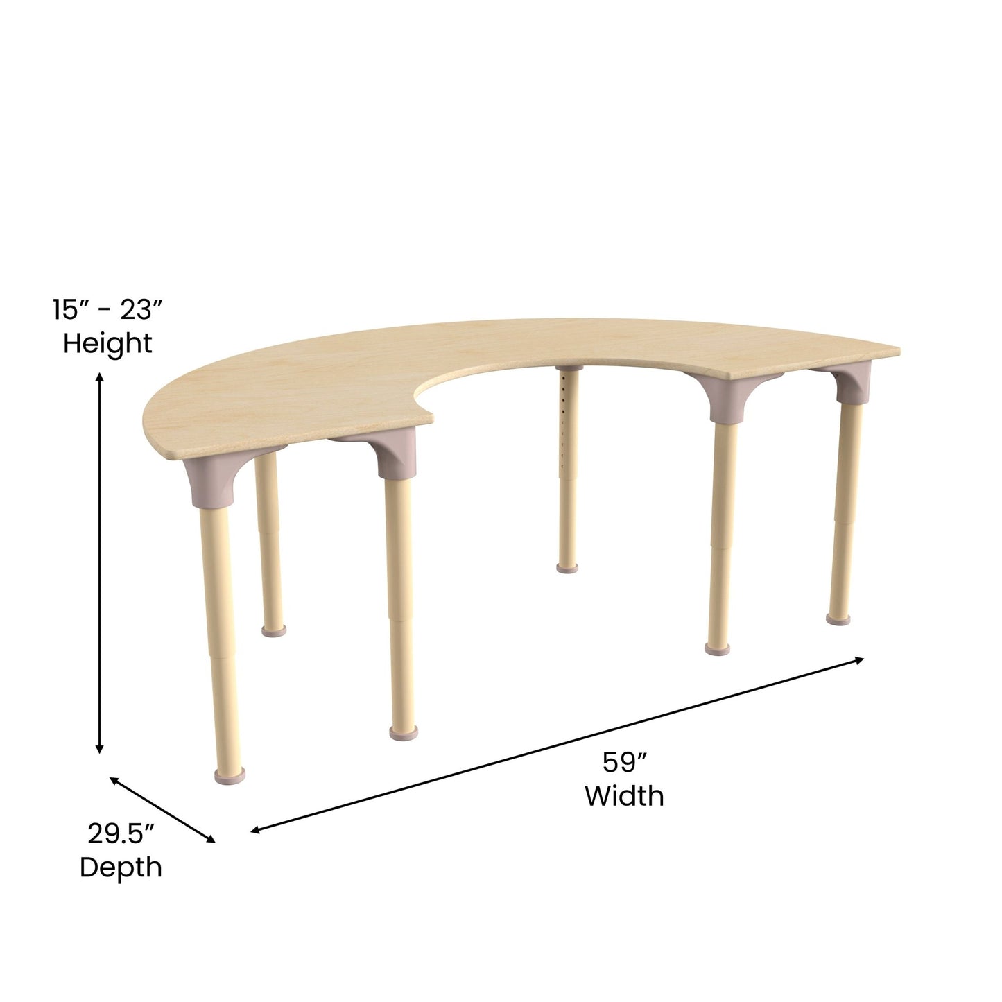 Bright Beginnings 59" Commercial Grade Wooden Half Circle Adjustable Height Classroom Activity Table - Metal Legs Adjust From 15"H - 23"H, Beech - SchoolOutlet