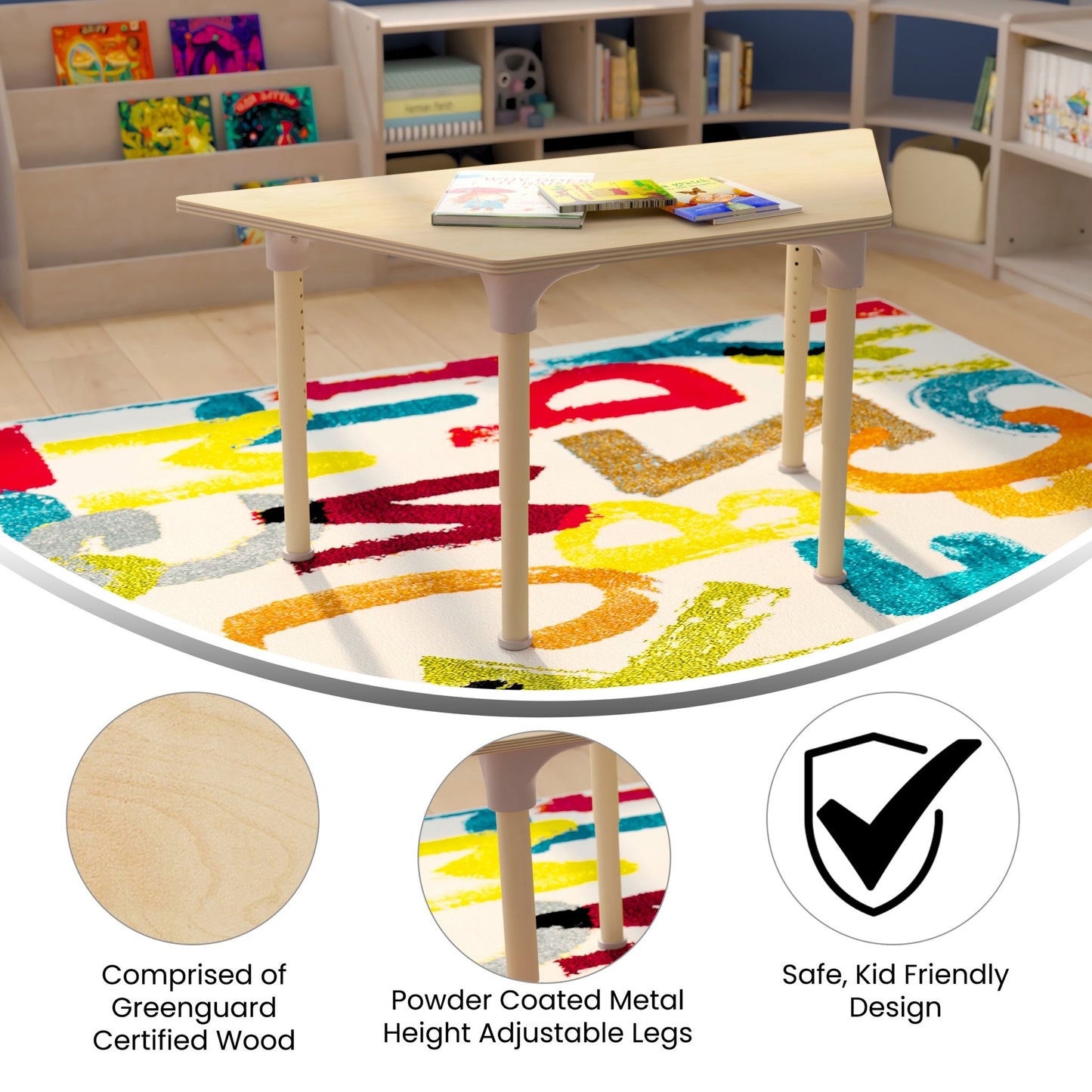 Bright Beginnings 47" Commercial Grade Wooden Trapezoid Adjustable Height Classroom Activity Table - Metal Legs Adjust From 15"H - 23"H, Beech - SchoolOutlet
