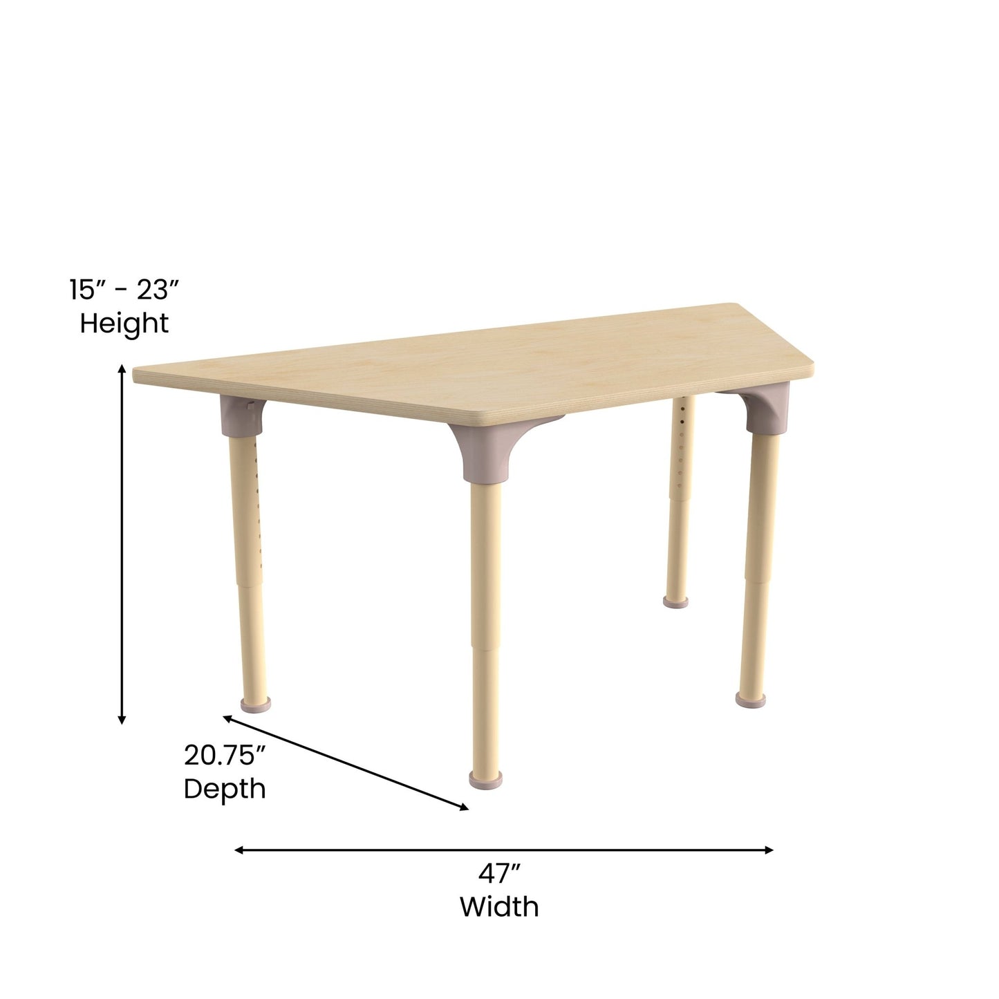 Bright Beginnings 47" Commercial Grade Wooden Trapezoid Adjustable Height Classroom Activity Table - Metal Legs Adjust From 15"H - 23"H, Beech - SchoolOutlet
