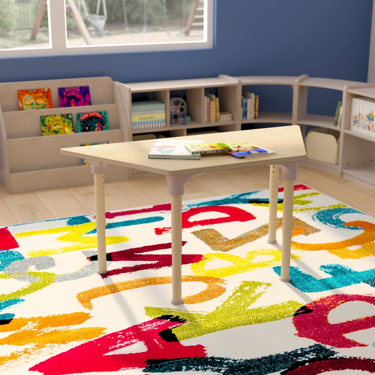 Bright Beginnings 47" Commercial Grade Wooden Trapezoid Adjustable Height Classroom Activity Table - Metal Legs Adjust From 15"H - 23"H, Beech - SchoolOutlet