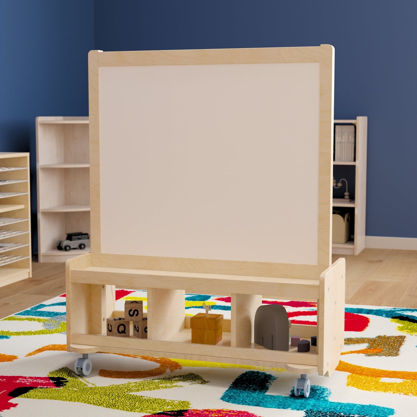 Bright Beginnings Commercial Wooden Mobile Dual Sided 2 Person Art Station with Locking Caster Wheels and Bottom Cubby Storage, Natural - SchoolOutlet