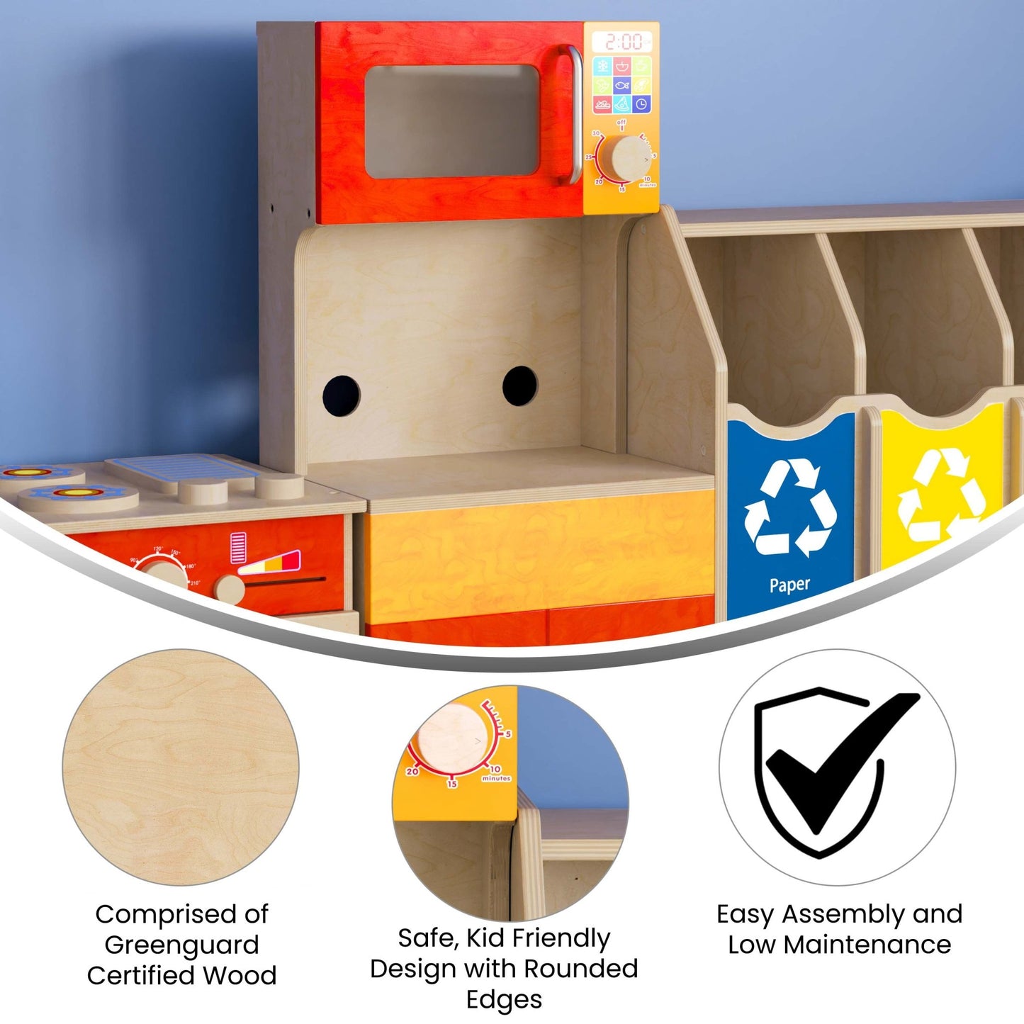 Bright Beginnings Commercial Grade Greenguard Certified Wooden Children's Kitchen Cabinet with Microwave - SchoolOutlet