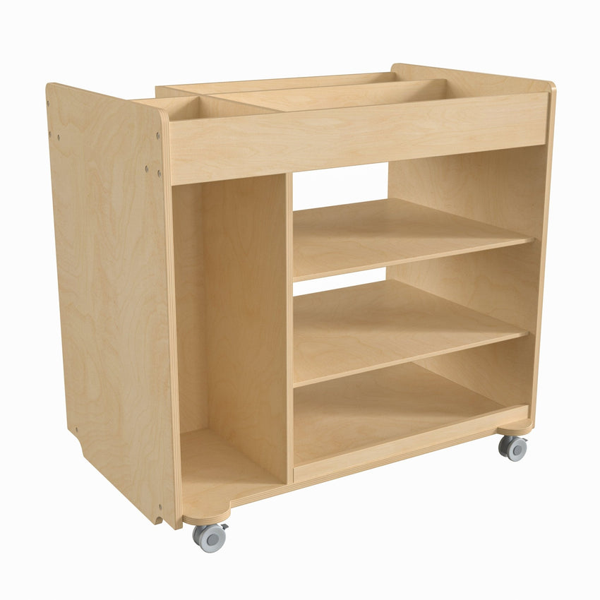 Bright Beginnings Commercial Wooden Mobile Storage Cart with Space Saving Vertical and Horizontal Storage Compartments, Locking Caster Wheels, Natural - SchoolOutlet