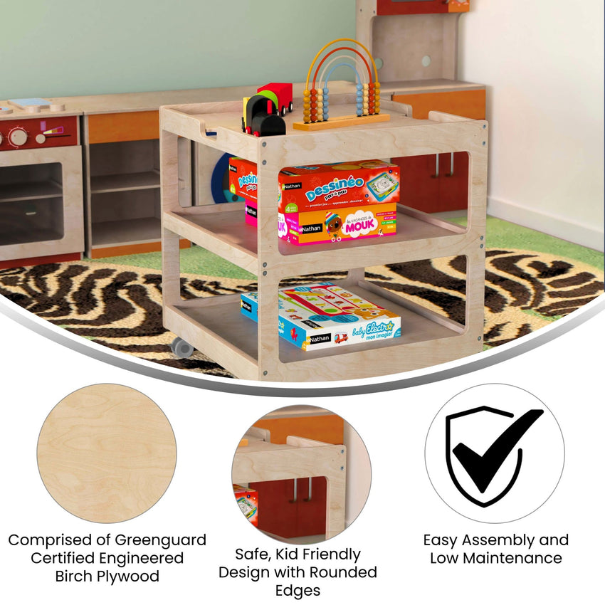 Bright Beginnings Commercial 3 Shelf Square Space Saving Wooden Mobile Classroom Storage Cart, Locking Caster Wheels, Kid Friendly Design, Natural - SchoolOutlet