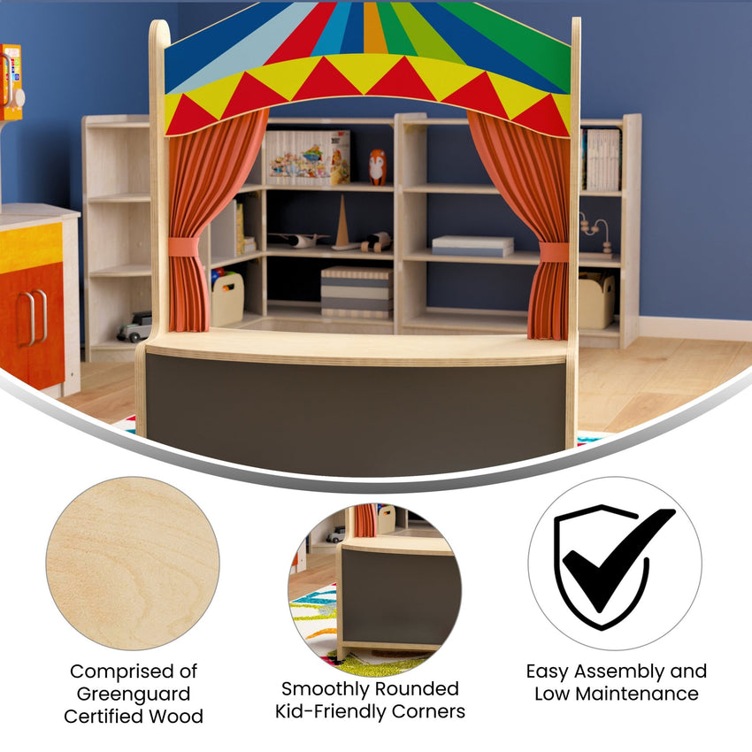 Bright Beginnings Wooden Puppet Theater with Removable Curtains and Bottom Magnetic Chalkboard with Locking Caster Wheels, Natural - SchoolOutlet