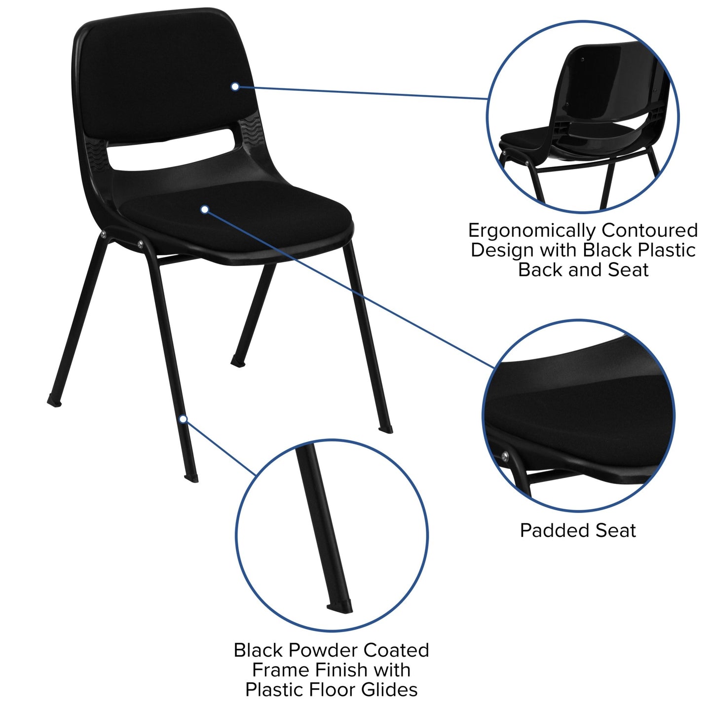 HERCULES Series 880 lb. Capacity Black Padded Ergonomic Shell Stack Chair with Black Frame - SchoolOutlet