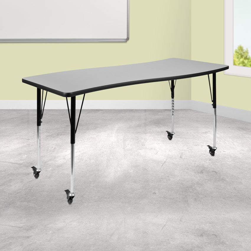 Wren Mobile 26"W x 60"L Rectangle Wave Flexible Collaborative Laminate Activity Table - Standard Height Adjust Legs - SchoolOutlet