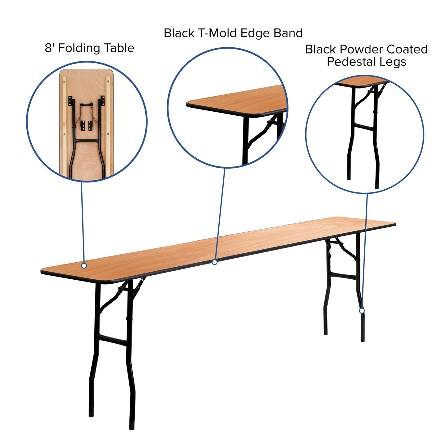 Gael 8-Foot Rectangular Wood Folding Training / Seminar Table with Smooth Clear Coated Finished Top - SchoolOutlet