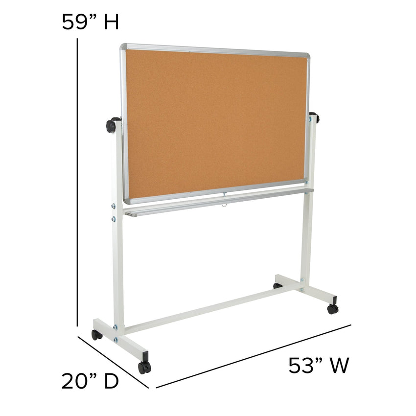 HERCULES Series 53"W x 59"H Reversible Mobile Cork Bulletin Board and White Board with Pen Tray - SchoolOutlet
