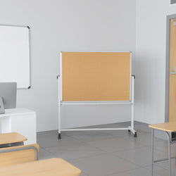 HERCULES Series 53"W x 59"H Reversible Mobile Cork Bulletin Board and White Board with Pen Tray