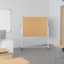 HERCULES Series 53"W x 62.5"H Reversible Mobile Cork Bulletin Board and White Board with Pen Tray