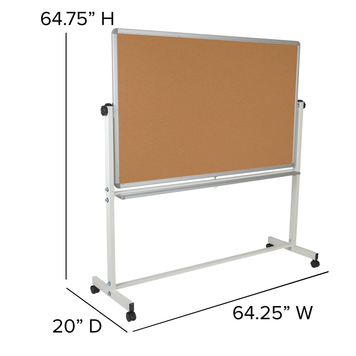 HERCULES Series 64.25"W x 64.75"H Reversible Mobile Cork Bulletin Board and White Board with Pen Tray - SchoolOutlet