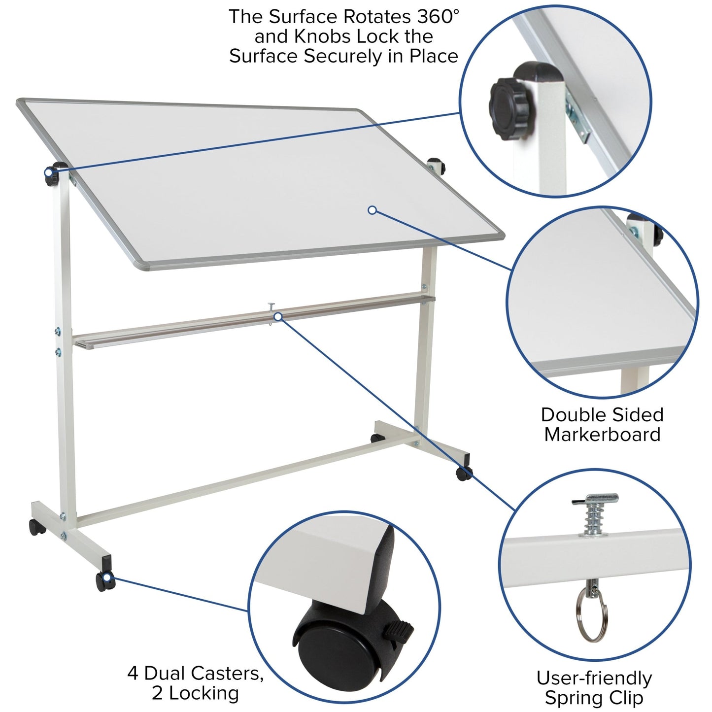 HERCULES Series 64.25"W x 64.75"H Double-Sided Mobile White Board with Pen Tray - SchoolOutlet