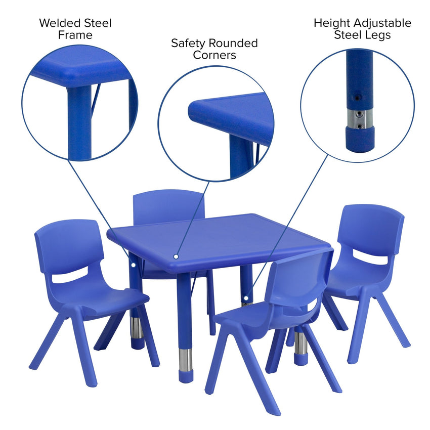 Emmy 24'' Square Plastic Height Adjustable Activity Table Set with 4 Chairs - SchoolOutlet