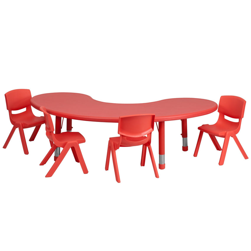 Emmy 35''W x 65''L Half-Moon Plastic Height Adjustable Activity Table Set with 4 Chairs - SchoolOutlet