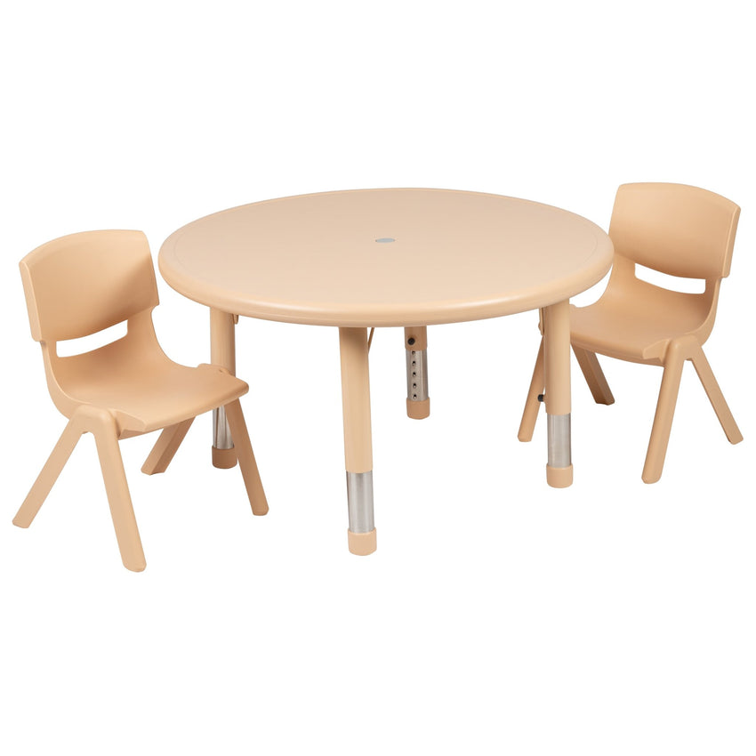 Emmy 33'' Round Plastic Height Adjustable Activity Table Set with 2 Chairs - SchoolOutlet