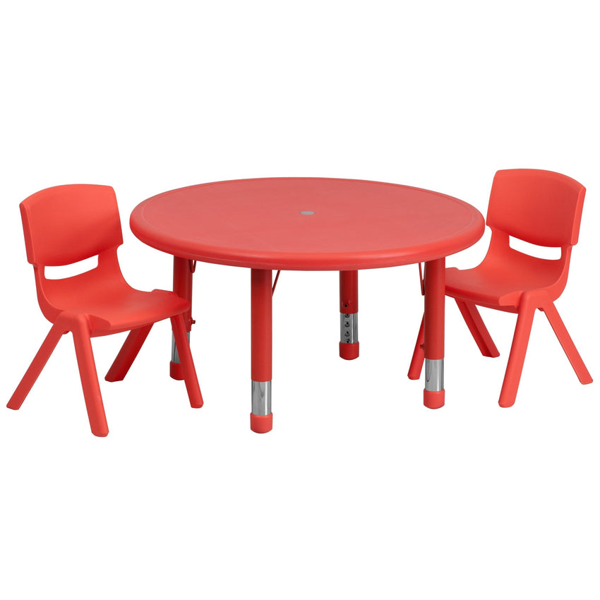 Emmy 33'' Round Plastic Height Adjustable Activity Table Set with 2 Chairs - SchoolOutlet