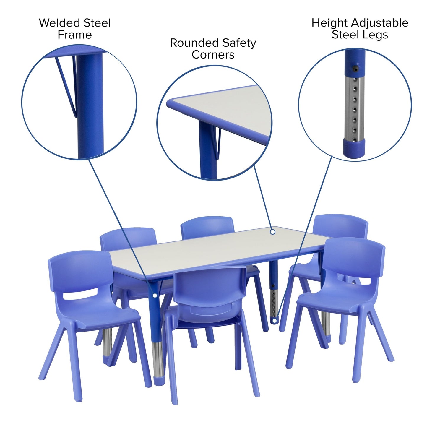 Emmy 23.625''W x 47.25''L Rectangular Plastic Height Adjustable Activity Table Set with 6 Chairs - SchoolOutlet