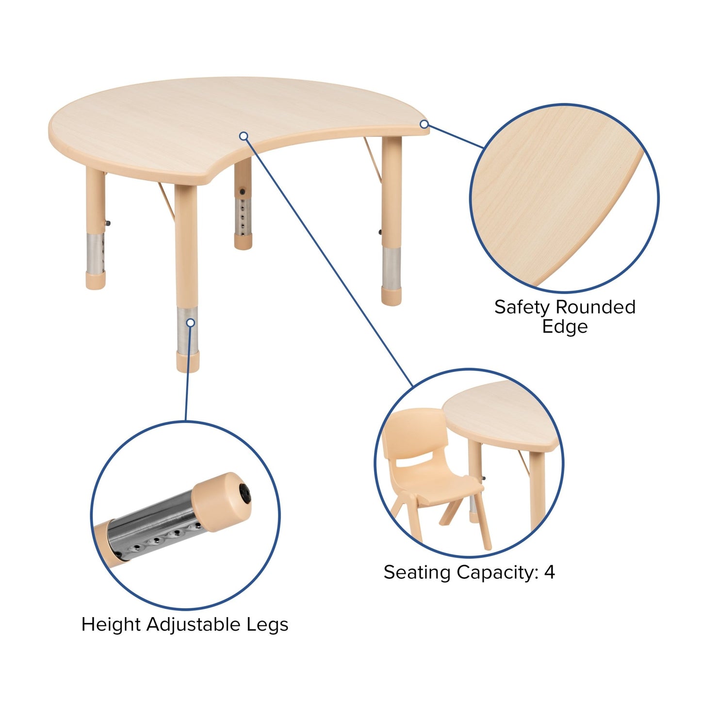 Emmy 25.125"W x 35.5"L Crescent Natural Plastic Height Adjustable Activity Table Set with 4 Chairs - SchoolOutlet