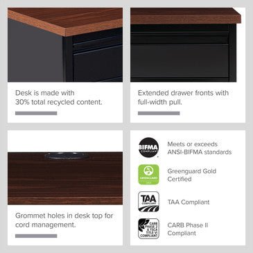 Hirsh Double Pedestal Office Desk with Center Drawer for Home, Office, or School, 30" D x 60" W - SchoolOutlet